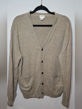 Club Monaco Men's XL 100% Wool Button-Front Cardigan Heather Tan